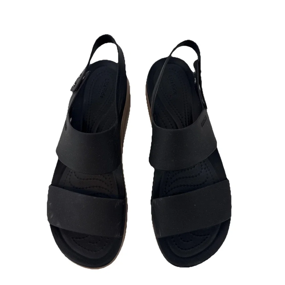 Crocs Brooklyn Low Wedge Platform Sandals Women 9 Black Cashew Strappy Slingback